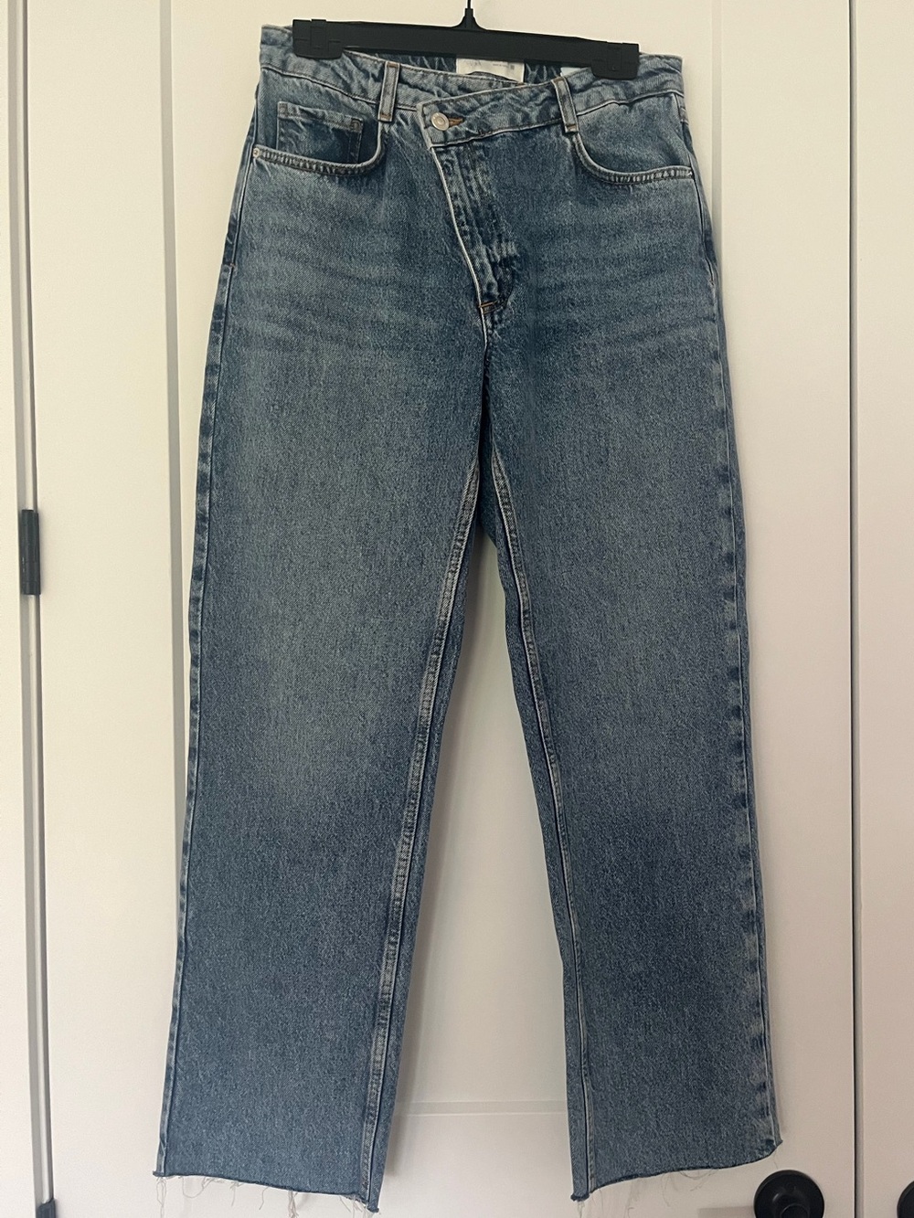 Zara Straight-Leg Crossover Waist Denim Jeans — Light Blue Wash